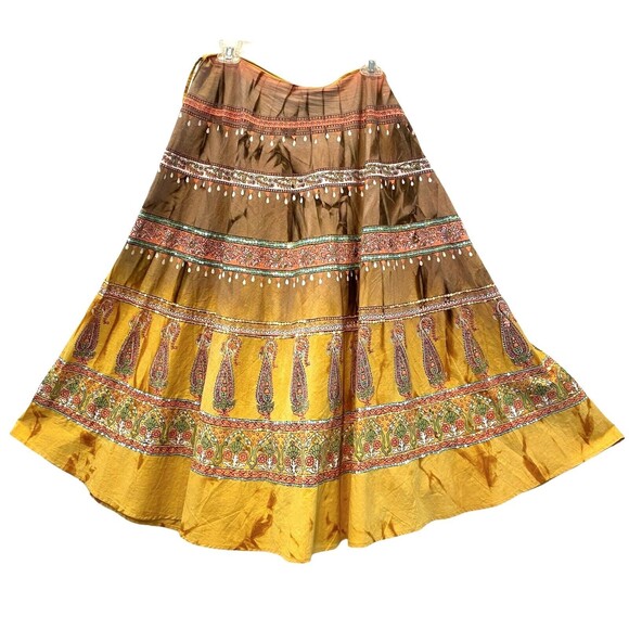 Southwestern Indian Aztec Sequins Boho Midi Full Skirt Earth Tones Zipper Large - Picture 1 of 11
